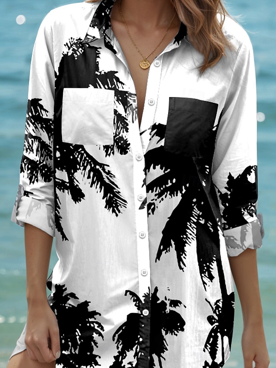 Damen Mini Kleid Hemd Kleid Hawaiian Shirts Fließend Strand Blatt Lang Langarm Hemdkragen Knöpfe Druck Form Fit Weiß Sommer Urlaub Kleidung Strandmode 2025 - $46.99 –P3