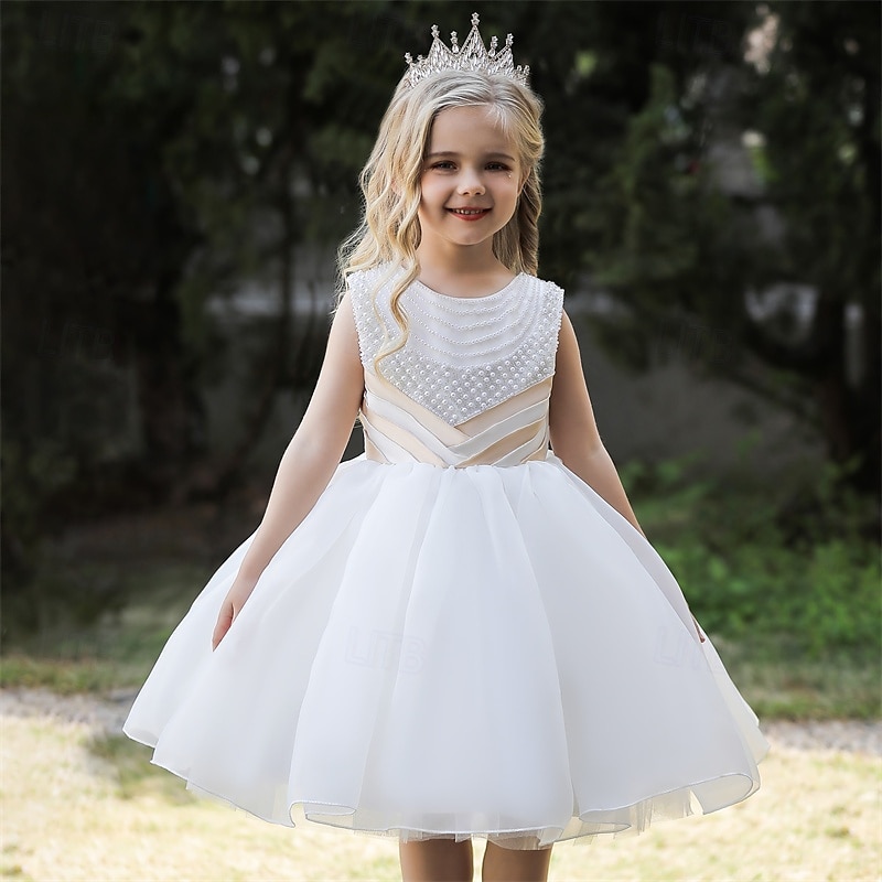 Robe de Demoiselle d'Honneur Fille enfants Fille Robe de princesse Utilisation Mariage Soirée Elégant Magnifique Maille Couleur unie Sans Manches Col Ras du Cou Blanche Champagne 4 ans et + de 2025 ? $38.99 –P2