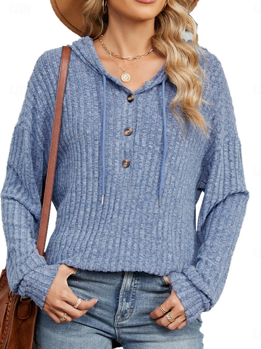 Mulheres Moletom com textura Pulôver Moletom Com Capuz Tecido Casual Manga Longa Com Capuz Tops regulares Rua Dia a Dia Botões Azul Fúcsia Cinzento Primavera Outono de 2025 por $27.99 –P1