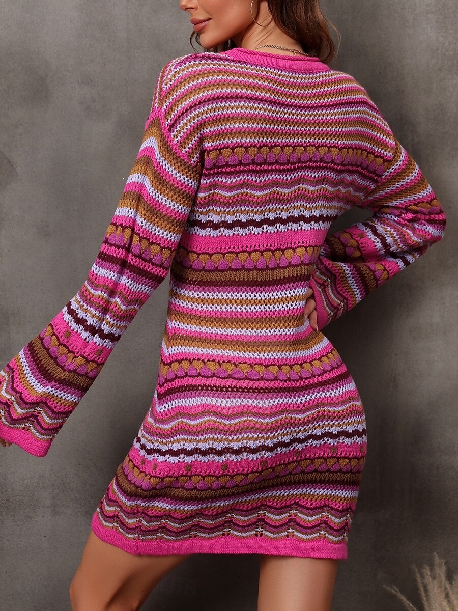 Dame Genser Genserkjole Fritid Myk Stripet Heklet Crew-hals Strikket Langermet Lange topper Strikke utendørs Daglig Helg Fuksia Grønn Sommer Vår 2025 - $57.99 –P10