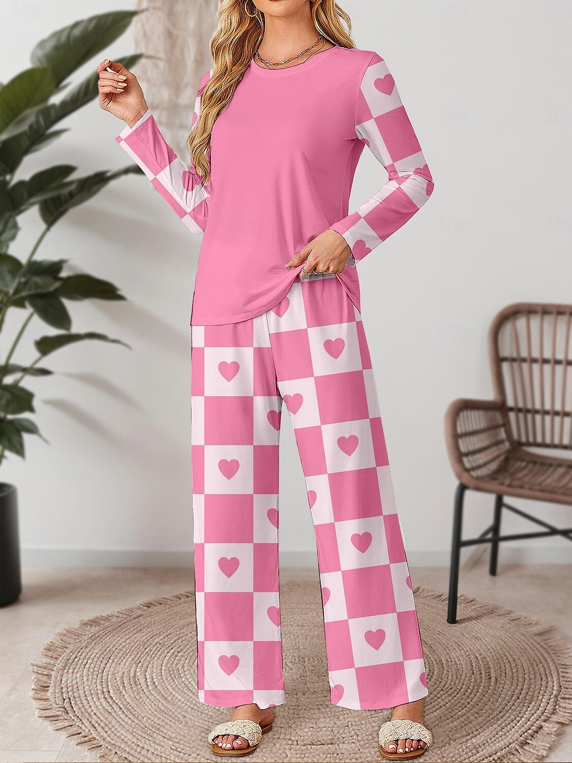 Pigiama Set Da Donna Valentine's Giorno Casual Comfort Comfort Cuore Griglia Plaid Maglietta Pantaloni Casa Valentine's Giorno Quotidiano Lungo Manica Collo A Giro Rosa Primavera Autunno Inverno del 2025 a $31.99 –P3