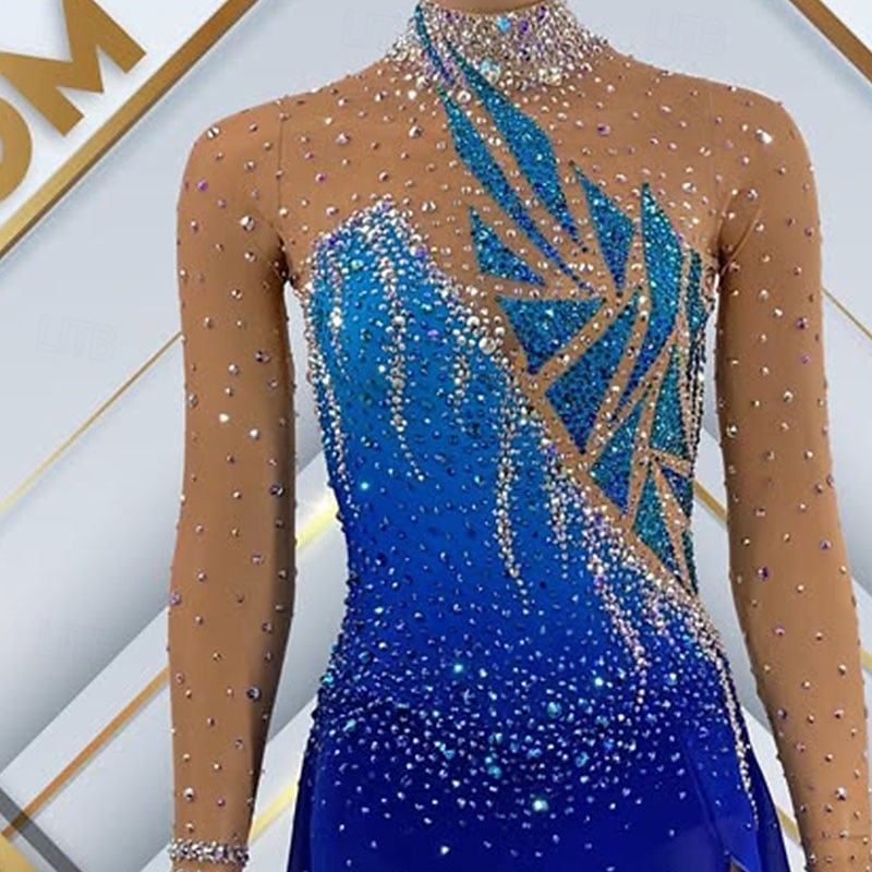 Платье для фигурного катания Жен. Девочки Катание на коньках Платья Синий Открытая спина Асимметричный шов Сетка Эластичность Учебный Соревнование Одежда для фигурного катания Классика Стразы 2025 - $260.79 –P4