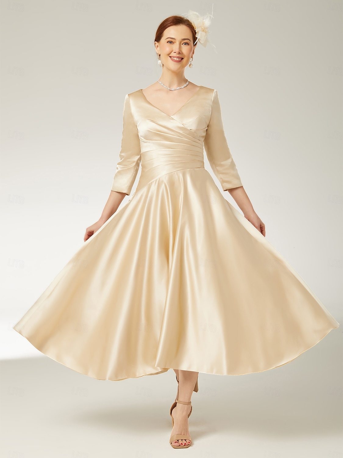 A-Line Mother of the Bride Dress Elegant Vintage Plus Size V Neck Floor  Length Satin 3/4 Length Sleeve with Pleats 2026 - $142.99