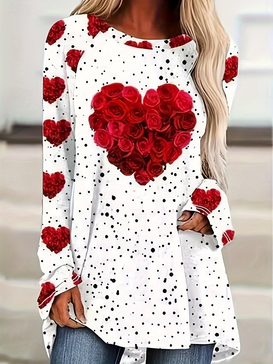Valentine Naisten Sydän T-paita Suloinen Punainen T-paita Rentoa Ruusu Pitkät Paidat Pitkät Hihat Crew-kaula-auko Kaunis Sovitus Valentine's Day Päivittäin Valkoinen Syksy Talvi 2025 - $24.99 –P1