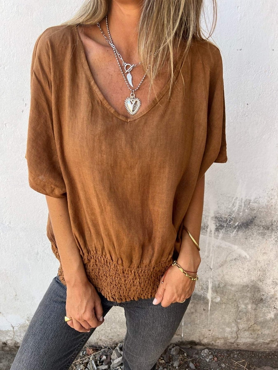Dame Skjorte Bluse Skjorter i bomullslin Helfarge Grunnleggende Fritid Kortermet V-hals Vanlige topper Daglig Rynket Hvit Brun Beige Sommer Vår 2025 - $26.99 –P7