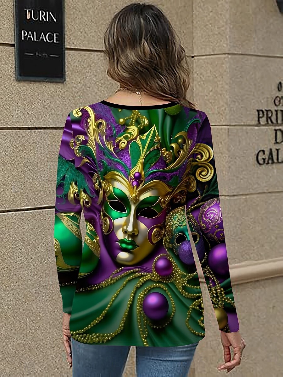 Mardi gras Damskie Podkoszulek Koszulki Graficzny Codzienny Długi rękaw W serek Zwykłe topy Codzienny Z wycięciem Nadruk Fioletowy Zielony Wiosna Jesień 2025 - $22.99 –P3