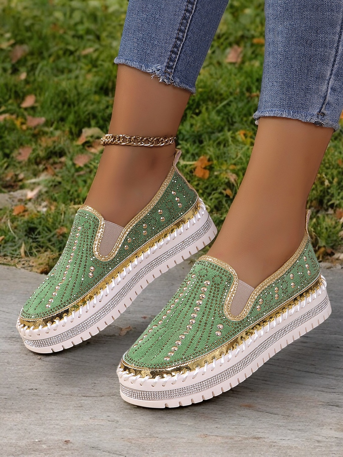 Grüne Slip-On-Sneakers mit Strasssteinen und dicker Sohle für Damen – glamouröse Freizeitschuhe für Partys und den Alltag 2025 - $42.99 –P6