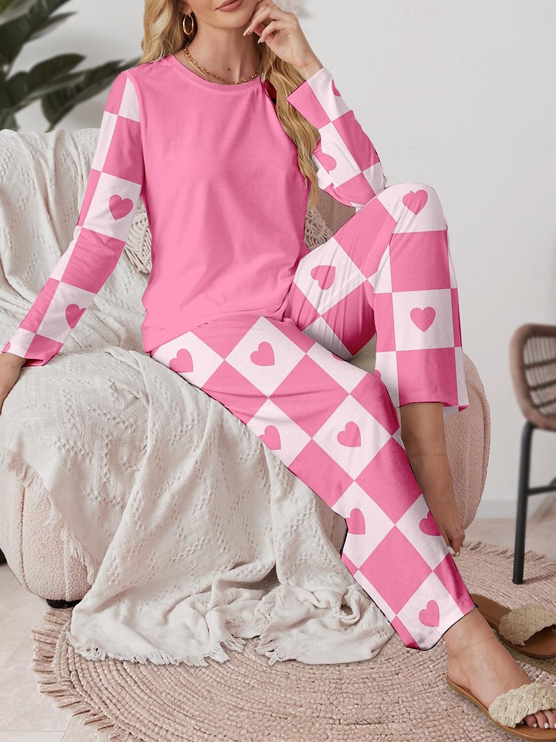 Pigiama Set Da Donna Valentine's Giorno Casual Comfort Comfort Cuore Griglia Plaid Maglietta Pantaloni Casa Valentine's Giorno Quotidiano Lungo Manica Collo A Giro Rosa Primavera Autunno Inverno del 2025 a $31.99 –P1