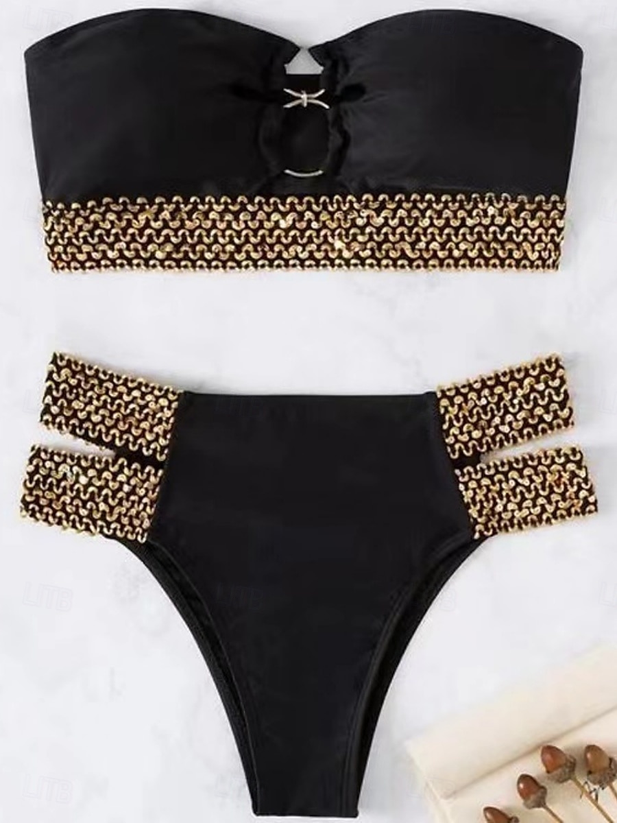 Dam Badkläder Bikini 2 st Kaxig Baddräkt Öppen rygg Smal Semester Standkläder Geometrisk Axelbandslös Ärmlös Baddräkter 2025 - $29.99 –P3