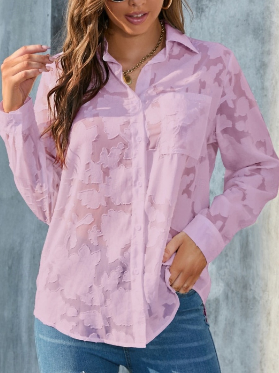 Kvinners hvite elegante blonde topper øyelet bluse uformell ensfarget vanlig topper lang erm skjortekrage knapper lomme vanlig passform daglig romantiske petite topper sommerferie slitasje hvit gul 2025 - $21.99 –P14