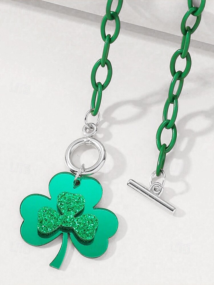 αγ. Patrick's day κολιέ τριφύλλι – πράσινος κρίκος αλυσίδας με τετράφυλλο μενταγιόν από τριφύλλι, γιορτινά statement κοσμήματα για γυναίκες, αξεσουάρ γιορτών και πάρτι 2025 - $7.99 –P4