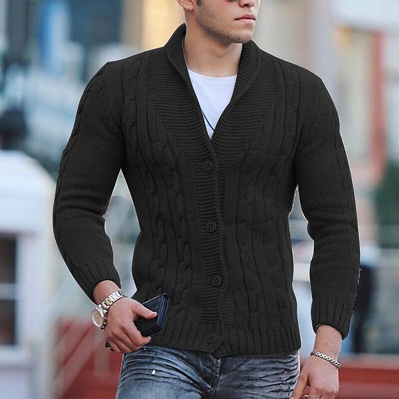 Men's Sweater Cardigan Sweater Fall Sweater Cable Cropped Plain Shawl Collar Fashion Warm Ups Christmas Xmas Clothing Apparel Fall & Winter Wine Red Black S M L 2025 - $27.99 –P6