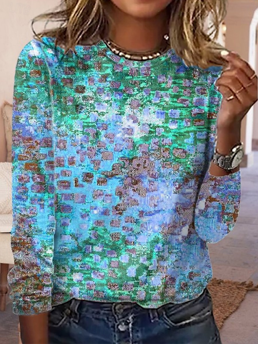 Damen T-Shirt Rundhals Langarm Tunika Ombre Geometrisch Modern Lässig Reguläre Tops Täglicher Wochenende Druck Blau Orange Herbst Winter 2026 - $24.99 –P3