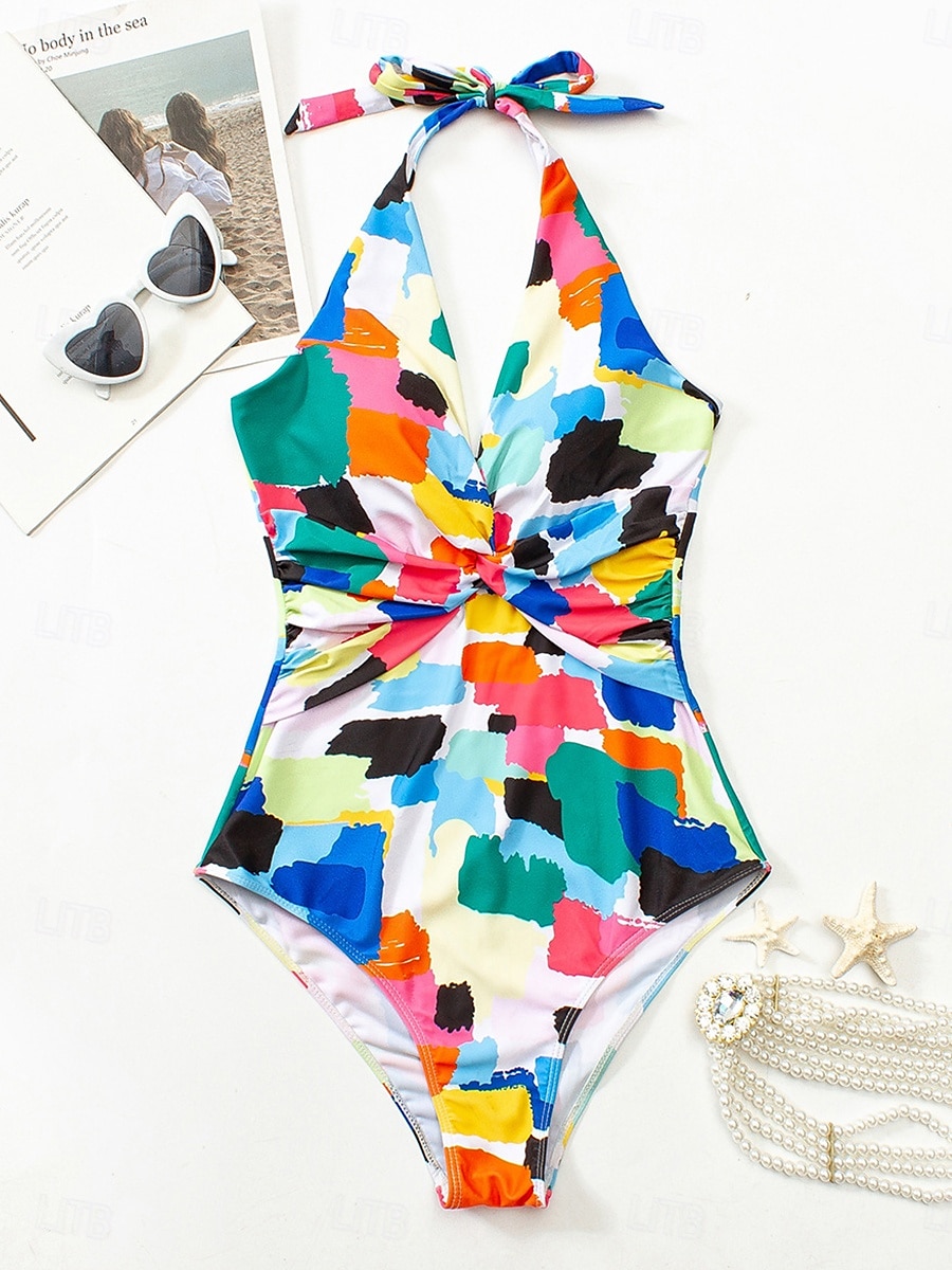 Per donna Costumi da bagno Un pezzo Costume da bagno Schiena scoperta Collage Di tendenza stile sveglio Pop art Halter Neck Senza maniche Costumi da bagno del 2025 a $29.99 –P4