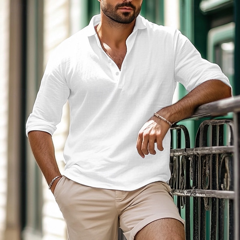 Per uomo Camicia camicia di lino Camicia estiva Abbigliamento mare Liscio Da mare Informale Bianco Cachi Grigio chiaro Azzurro Manica lunga Bavero Primavera estate Abbigliamento del 2025 a $26.99 –P1