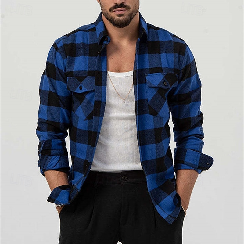 Men's Shirt Summer Shirt Casual Shirt Beach Shirt Button Up Shirt Overshirt Yellow Blue Long Sleeve Plaid Lapel Vacation Hawaiian Button-Down Clothing Apparel Fashion Casual Comfortable 2025 - $25.99 –P10