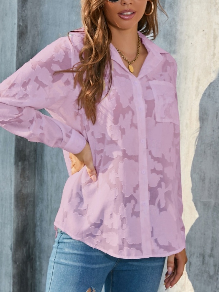 Kvinners hvite elegante blonde topper øyelet bluse uformell ensfarget vanlig topper lang erm skjortekrage knapper lomme vanlig passform daglig romantiske petite topper sommerferie slitasje hvit gul 2025 - $21.99 –P15