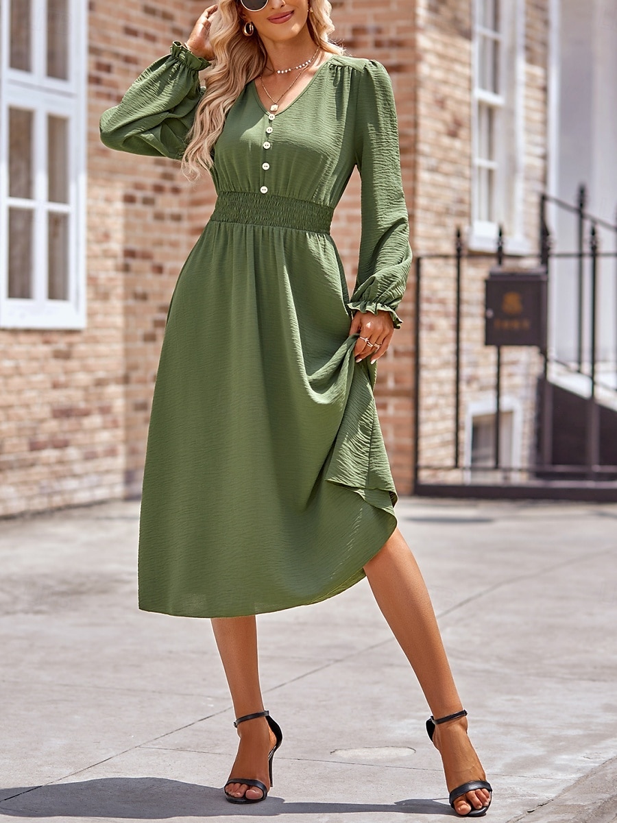 Damen Midikleid Casual kleid A Linie Kleid Stilvoll Basic Brautkleider schlicht Urlaub Täglich Regular Fit Glatt Langarm V Ausschnitt Schwarz Armeegrün Sommer Frühling 2025 - $38.99 –P8