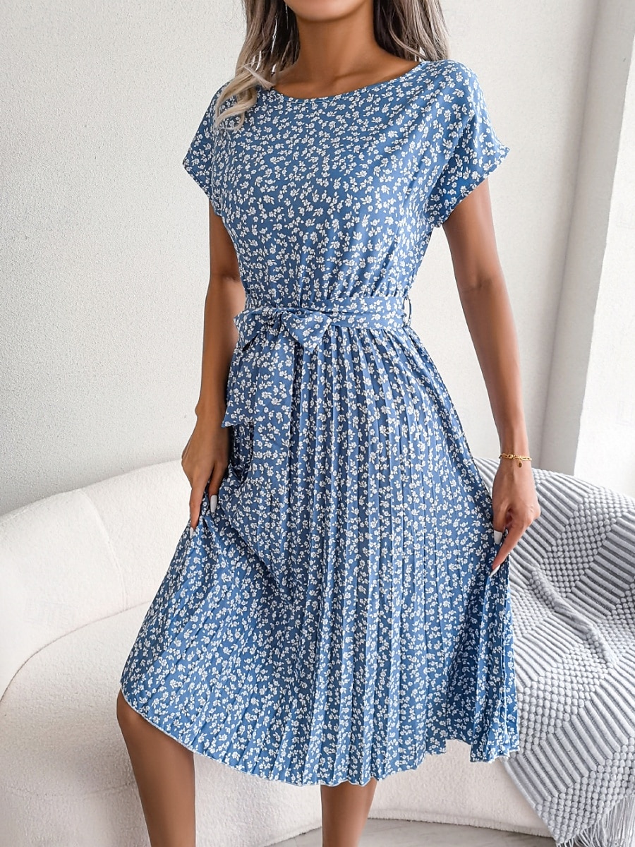 Women's Midi Dress Casual Dress A Line Dress Stylish Casual Vacation Daily Regular Fit Floral Short Sleeve Crew Neck Pink Light Blue Summer Spring 2025 - $36.99 –P4