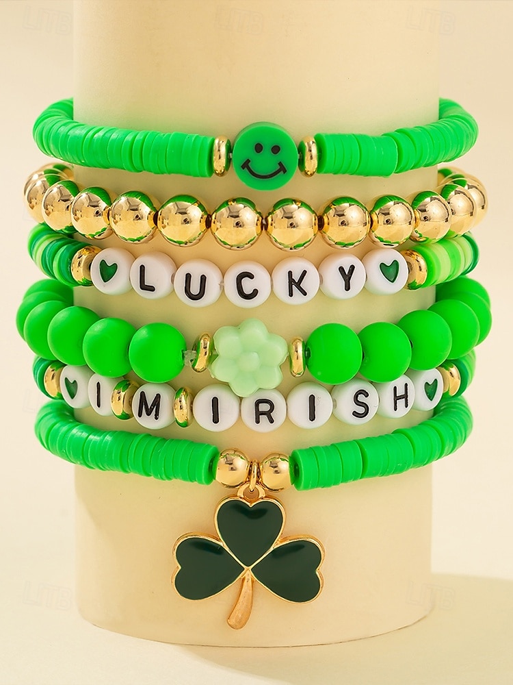 st. patrick's day lucky charm armbånd – irsk grønn beaded stretch armbåndsett for kvinner, festlig ferietilbehør med shamrock og bokstavdetaljer 2025 - $9.99 –P5
