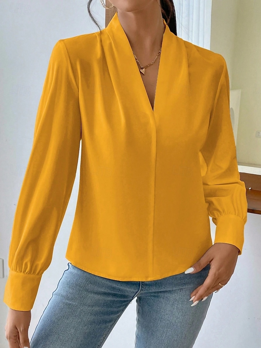 Dame Skjorte Bluse Helfarge Stilfull Fritid Langermet V-hals Vanlige topper Daglig Knapper Lomme Svart Hvit Gul Blå Grønn Sommer Vår 2025 - $31.99 –P28