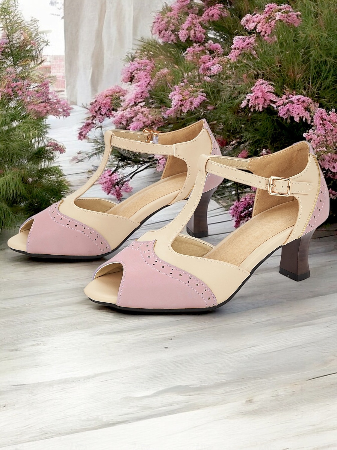 Women's Vintage Colorblock T-Strap Peep-Toe Heels – Elegant Mid Heel Sandals with Buckle Closure for Office, Casual & Formal Occasions 2025 - $46.99 –P1