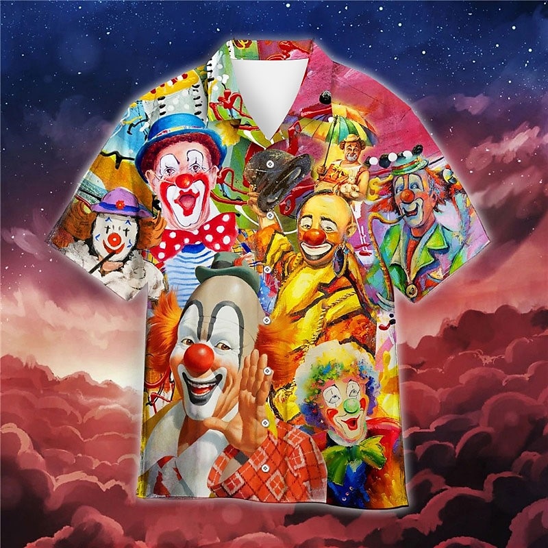 Herren Clown Hemd Hawaiihemd Sommerhemd Knopfhemd Kurzarm Sport Modisch Strassenmode Outdoor Casual Hawaiianisch Sommer Frühling Kubanisches Halsband Bedruckt Gelb Rote Purpur 2025 - $24.99 –P1