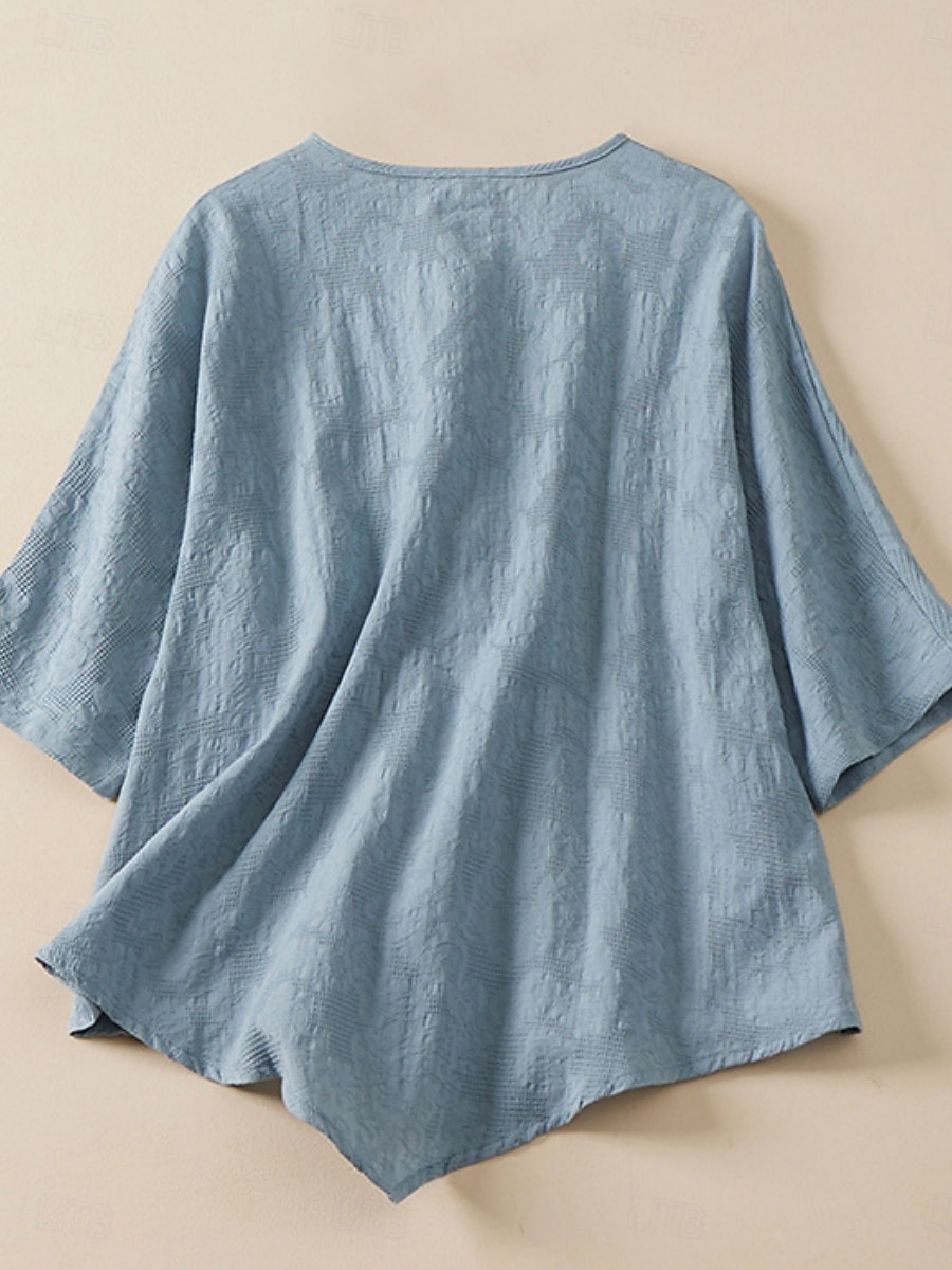 Femmes Chemise Chemisier Chemises en coton et lin Couleur Unie Basique Occasionnel Manche 3/4 Col ras du cou Hauts Réguliers Quotidien Boutons Rose Claire Bleu Été de 2025 ? $29.99 –P7
