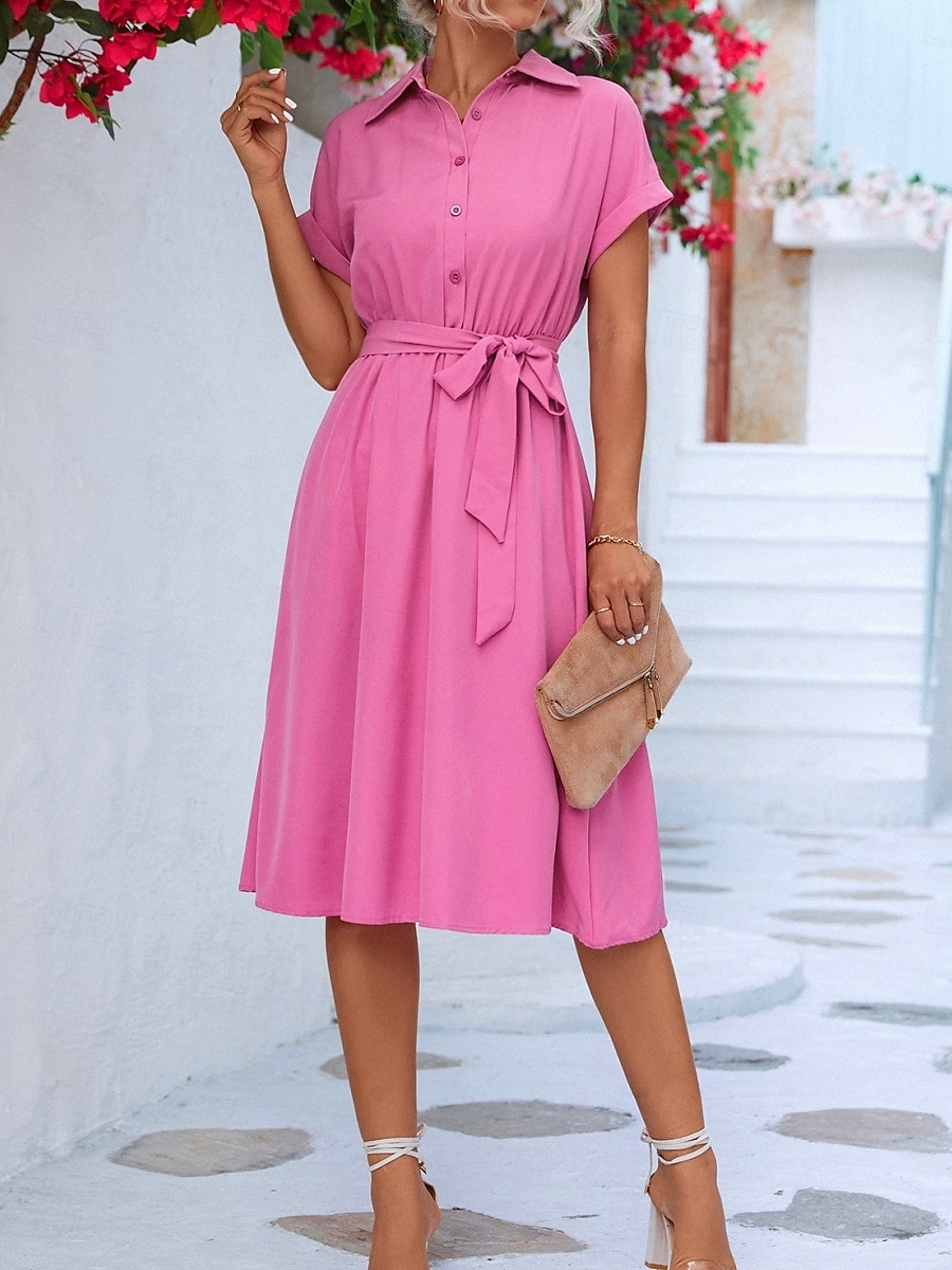 Damen Midikleid blusenkleid Casual kleid A Linie Kleid Stilvoll Ausgefallene Arbeit Täglich Regular Fit Glatt Kurzarm Hemdkragen Rosa Grün Sommer Frühling 2025 - AU $43.59 –P4