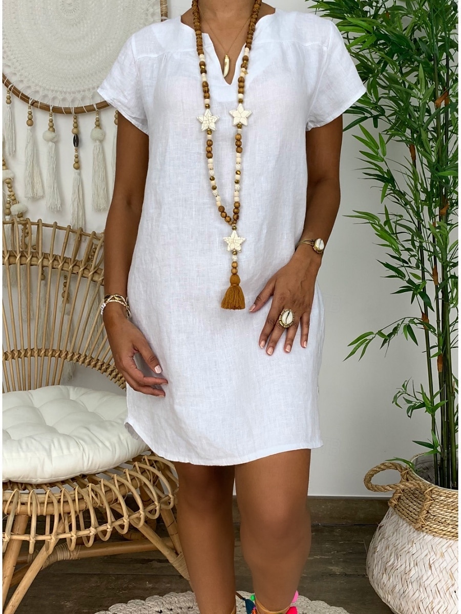 Femmes Mini Robe Robes en coton et lin Robe Décontractée Basique Occasionnel Vacances Quotidien Coupe régulière Uni Manche Courte Encolure en V Noir Blanche Jaune Vert Véronèse Été de 2025 ? $22.99 –P1