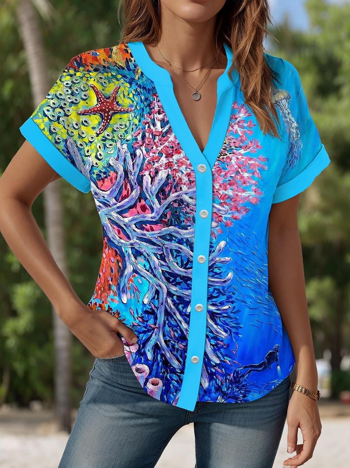 Camisa Feminina Havaiana Gráfica Tops Regulares Manga Curta Colete Botões Estampa Ajuste Form Fit Diária Azul Verão Roupas de Férias Praia de 2025 por $29.99 –P3