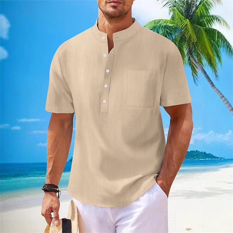 Men's Shirt Linen Shirt Summer Shirt Beach Shirt Solid Color Vacation Daily Black White Navy Blue Khaki Short Sleeve Fold-over Collar Spring & Summer Clothing Apparel 2025 - $25.99 –P2