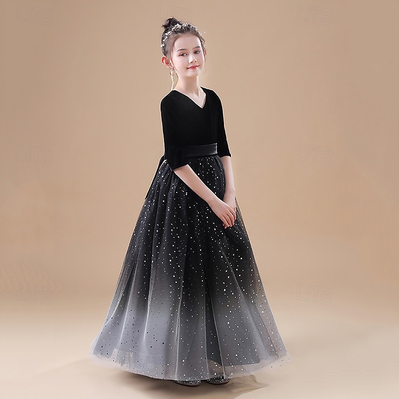 Vestido para Meninas das Flores Crianças Para Meninas Vestido de princesa Espetáculo Casamento Festa Elegante Lindo Com Transparência Gradiente Meia Manga Decote V Preto Azul 4 anos + de 2025 por $68.99 –P5