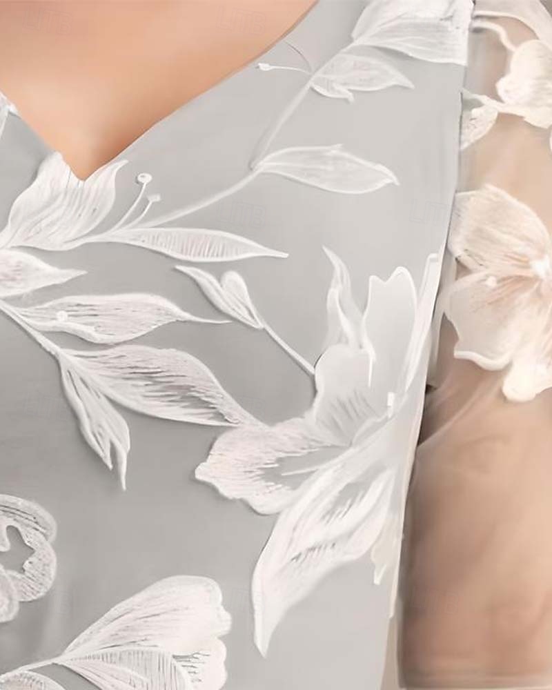 Robe mère de la mariée deux pièces robe fourreau  colonne élégante vintage col en V longueur thé chiffon dentelle florale appliquée à manches 3/4 avec veste ruchée robe de jour de course de 2025 ? $135.99 –P6