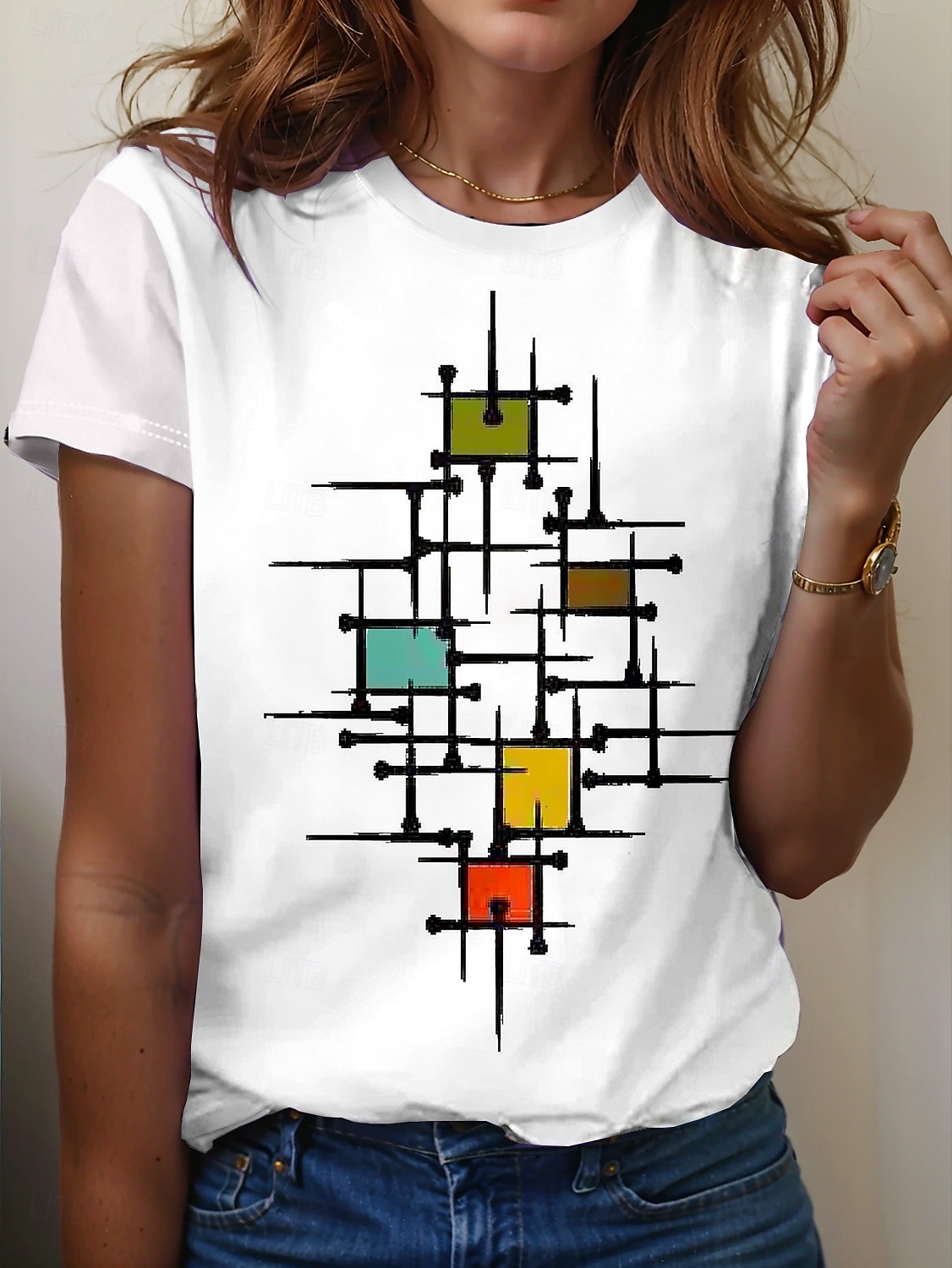 Dame T skjorte Geometrisk Fritid Langermet Crew-hals Vanlige topper Daglig Knapper Trykt mønster Asymmetrisk Hvit Vår Høst 2025 - $19.99 –P1