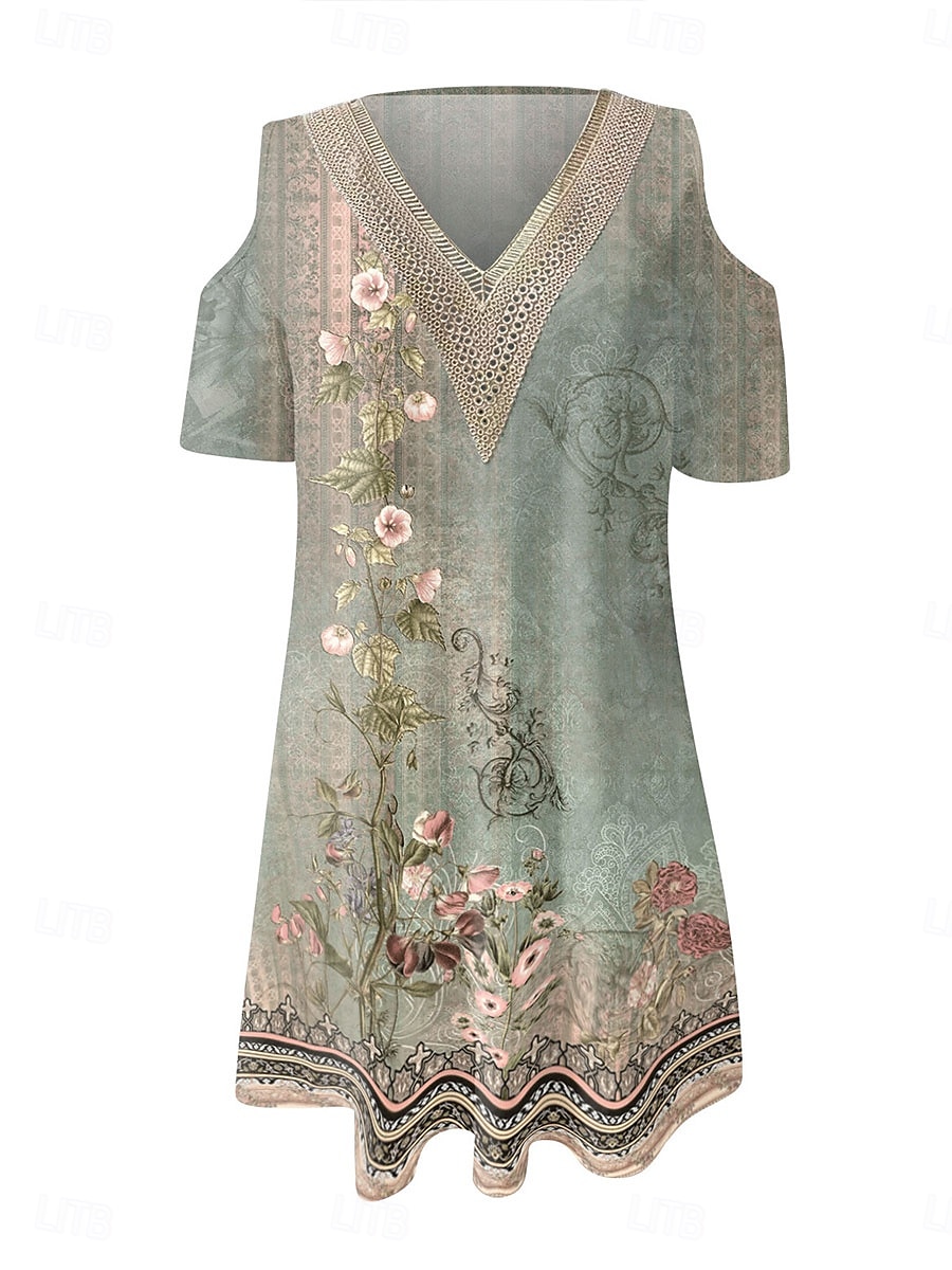 Dame Lang kjole Maxikjole Kjole med A-linje Boho-kjole Elegant Stilfull Fritid Feriereise Daglig Normal Blomstret Kortermet V-hals Rød Blå Lilla Grønn Sommer Vår 2025 - $21.99 –P3