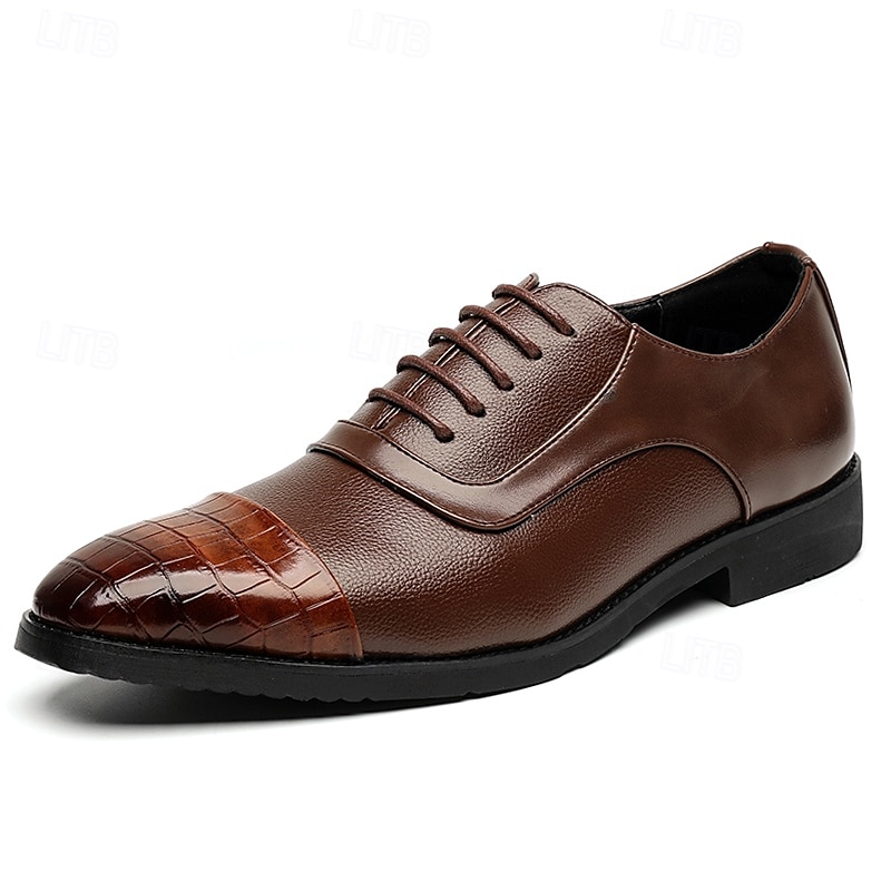Men's Brown Faux Leather Oxford Shoes with Crocodile-Patterned Toe Cap – Lace-Up Design, Stylish and Comfortable for Casual or Formal Occasions 2025 - $42.99 –P2