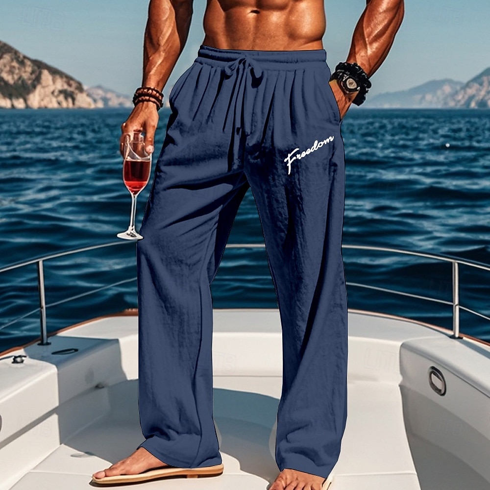 pantalon en coton et lin pour homme, cordon de serrage, taille élastique, jambe large, pantalon ample, lettre graphique imprimée, confort, pleine longueur, extérieur, streetwear, vacances, pantalon de 2026 ? $27.99 –P6