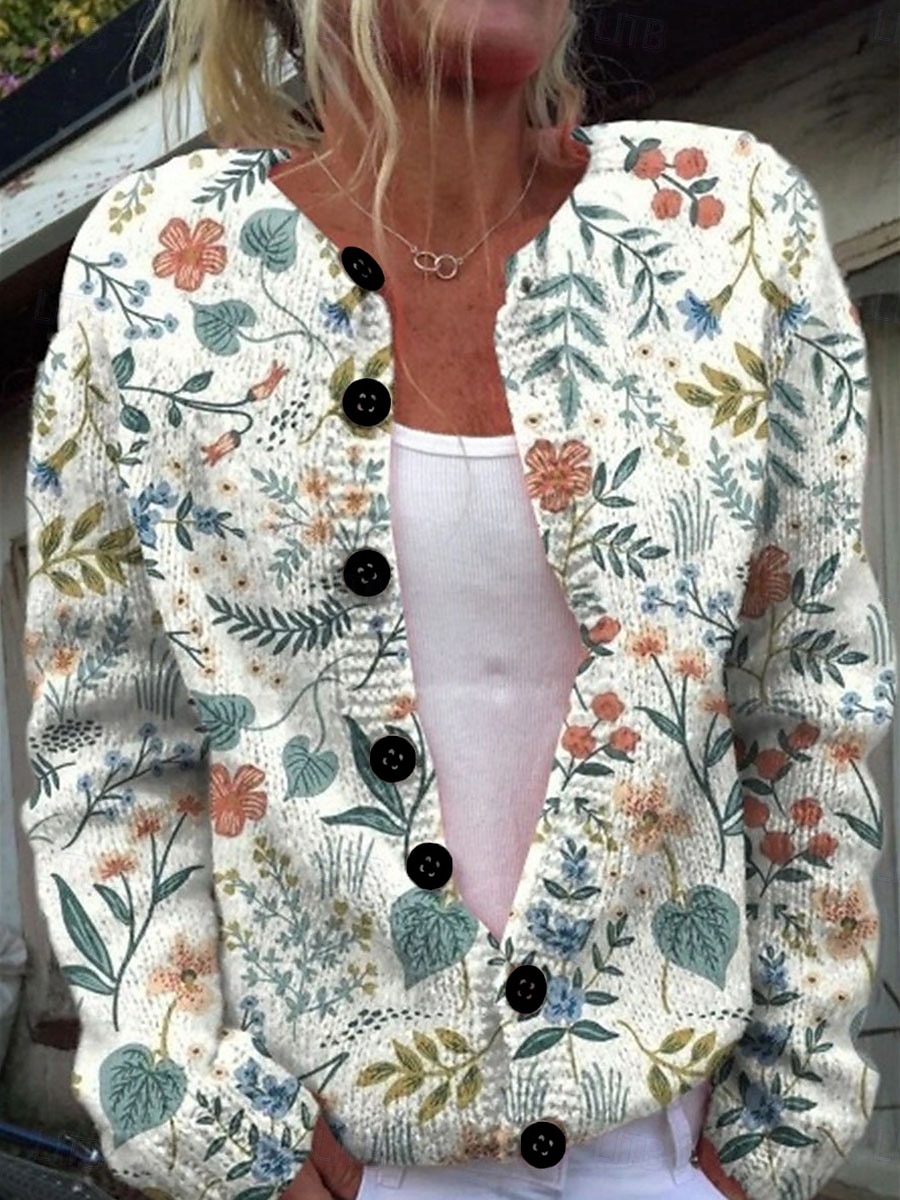 Dame Genser Kofte Fritid Myk Blomstret Riflet Crew-hals Knapper Lomme Strikket Langermet Vanlige topper Strikke utendørs Daglig Helg Svart Hvit Høst Vinter 2025 - $45.99 –P3
