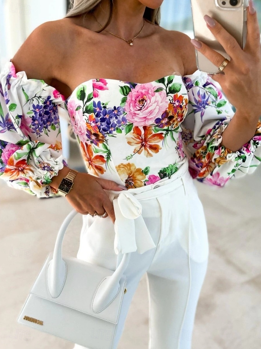 Dames Overhemd Blouse Afdrukken Blote rug Bloemig Stijlvol Casual Lange mouw Strapless Normale tops Dagelijks Zwart Wit Rood Paars Zomer Lente 2026 - $29.99 –P6