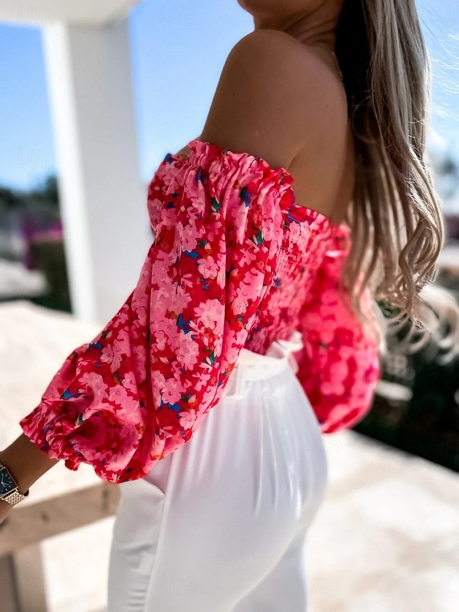 Dames Overhemd Blouse Afdrukken Blote rug Bloemig Stijlvol Casual Lange mouw Strapless Normale tops Dagelijks Zwart Wit Rood Paars Zomer Lente 2026 - $29.99 –P12