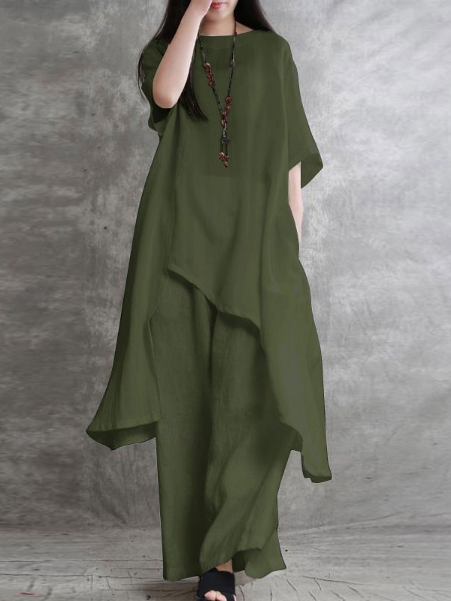 Per donna Moda Streetwear Quotidiano Camicia Set ispirati al lino Set da due pezzi Pantaloni a Gamba Larga Manica 3/4 Girocollo Semplice Casuale Quotidiano Nero Bianco Verde militare Primavera del 2025 a $35.99 –P8