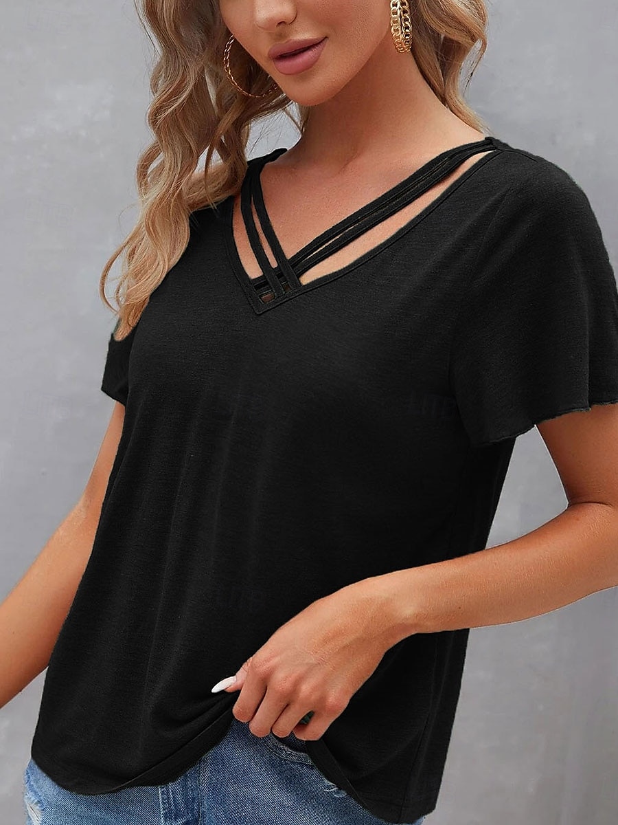 Femme T shirt Plein Mode Moderne Décontractées Manche Courte Col V Hauts réguliers du quotidien Fin de semaine Noir Vert Véronèse bleu marine Violet Eté Printemps de 2025 ? $21.99 –P6