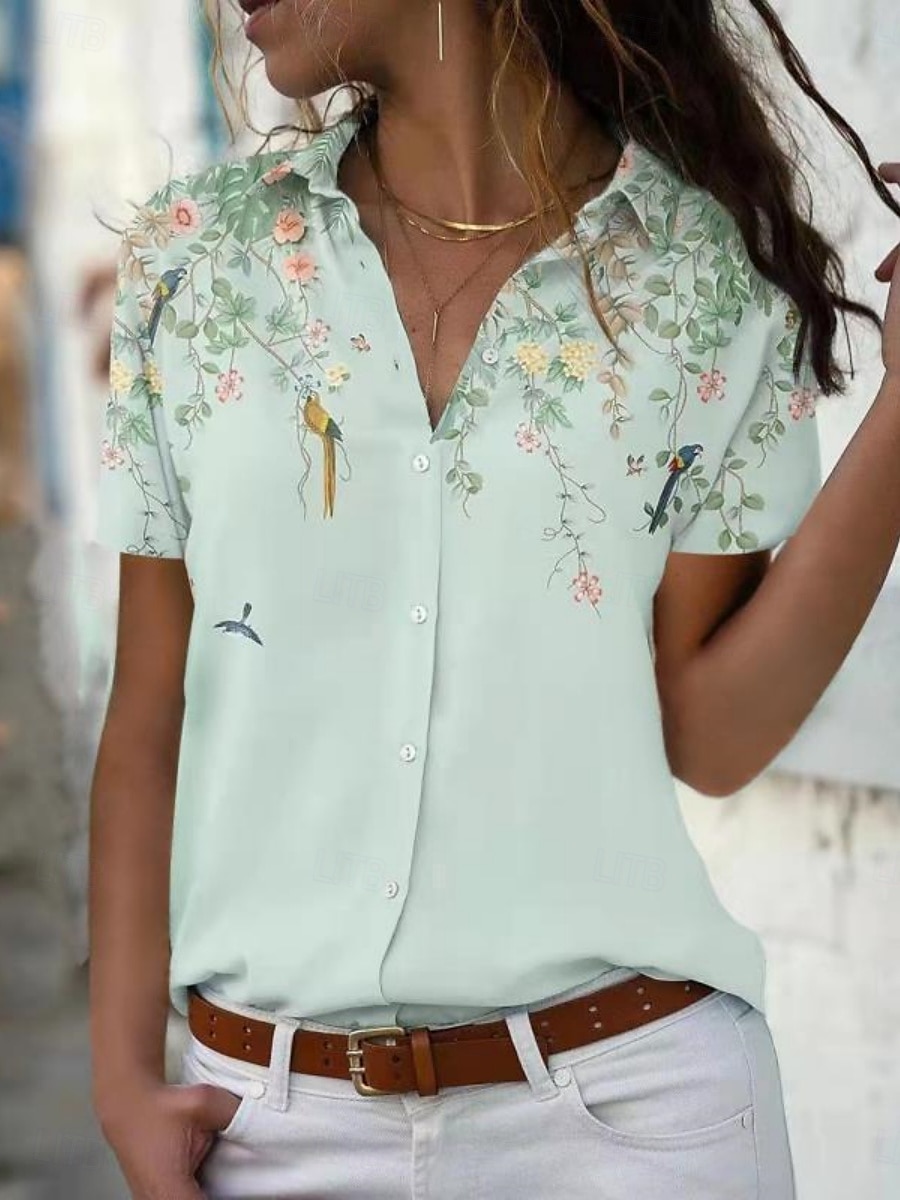 Dames Overhemd Blouse Knop Afdrukken Bloemig Stijlvol Casual Korte mouw Overhemdkraag Normale tops Dagelijks blauw Lichtgroen Blozend Roze Zomer Lente 2026 - $25.99 –P4
