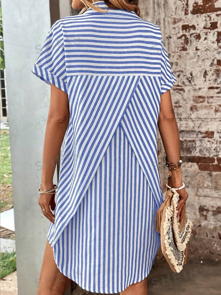 Women's Midi Dress Shirt Dress Stylish Casual Vacation Daily Regular Fit Stripe Short Sleeve Shirt Collar Black Blue Summer 2026 - $26.99 –P4