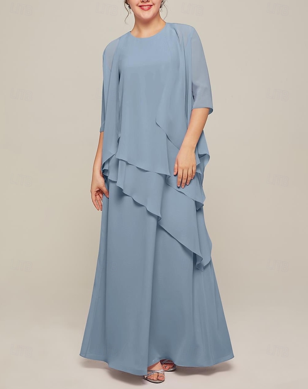 Abito Set Abiti Madre della Sposa Abito Elegante Vintage Collo Girocollo Lunghezza Pavimento Chiffon Maniche Lunghe Giacca Abiti con Volant Cascading in Pizzo 2025 del 2025 a $174.99 –P4