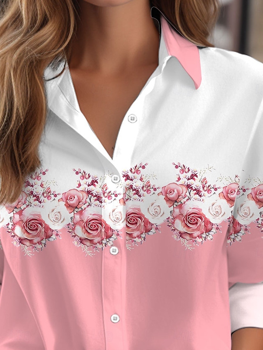 Per donna Camicia Floreale Casual Manica Lunga Colletto a Camicia Top Regolari Lavoro Quotidiano Bottoni Stampato Rosa Primavera Autunno Inverno del 2025 a $32.99 –P2