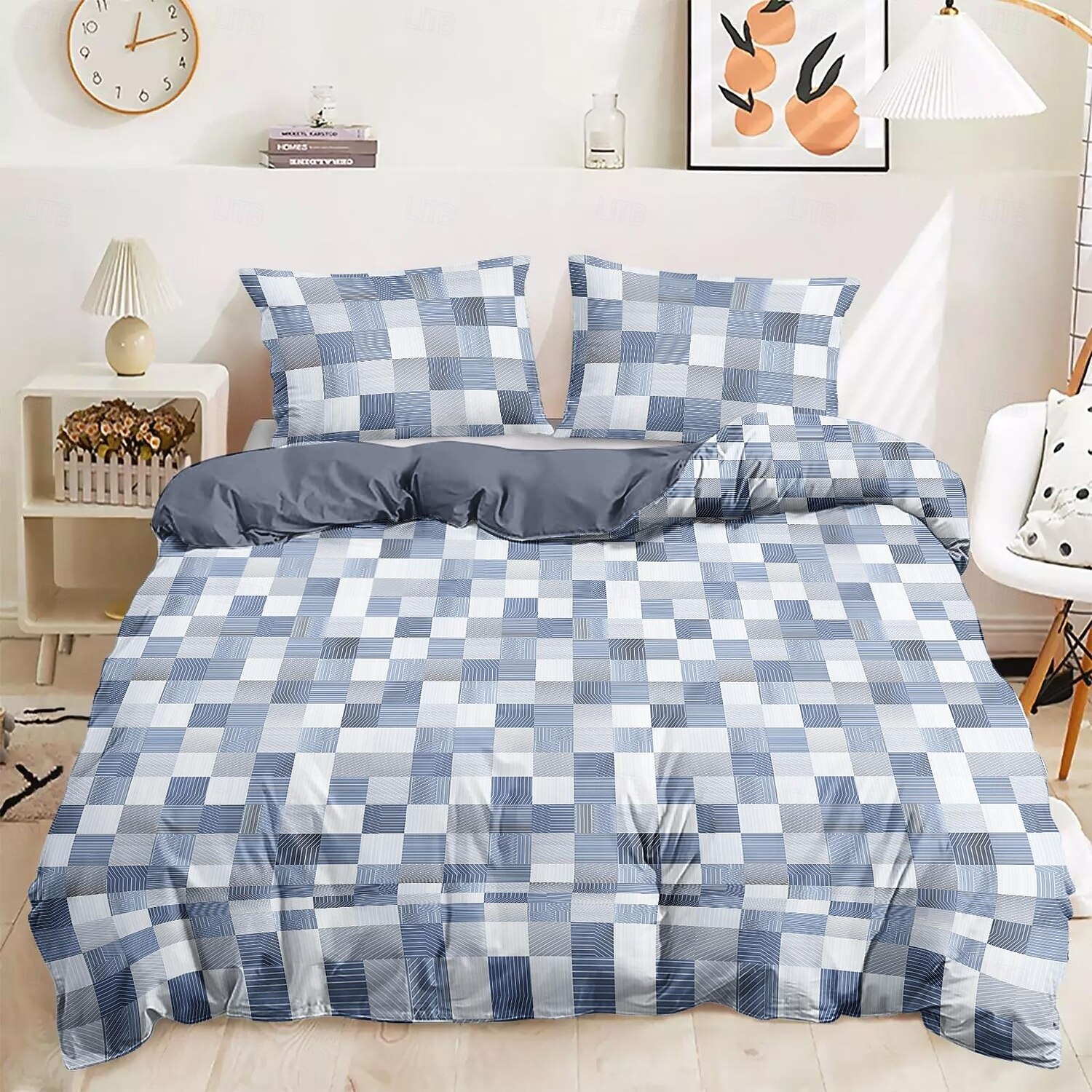 Funda nórdica 100 % algodón con empalmes de cuadrícula geométrica azul: confeccionada con algodón de primera calidad, presenta elegantes patrones de cuadrícula para una apariencia moderna. Transpirable, suave y duradera. 2025 - $60.99 –P6