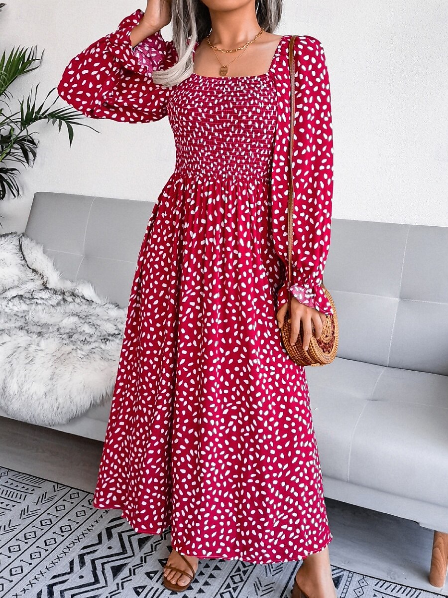 Femme Robe Maxi Robe Maxi Robe de laitière Robe smockée Soirée Hawaïen mode Vacances Travail du quotidien Standard Pois manche longue Col Carré Jaune Rose Claire Printemps Automne de 2025 ? $33.99 –P11
