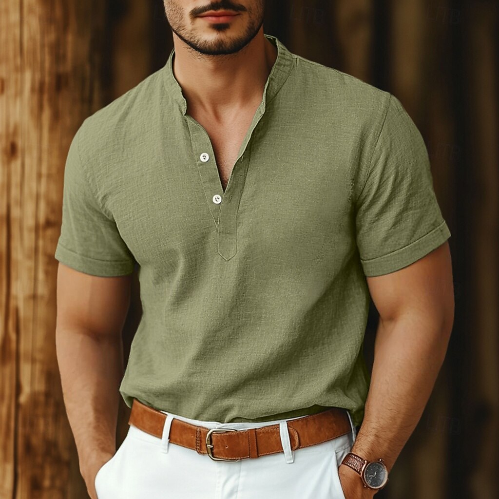 Per uomo Camicia camicia di lino Camicia con colletto a fascia Camicia popover Camicia estiva Abbigliamento mare Liscio Da mare Informale Nero Bianco Rosa Blu marino Manica corta Henley Estate del 2025 a $25.99 –P4